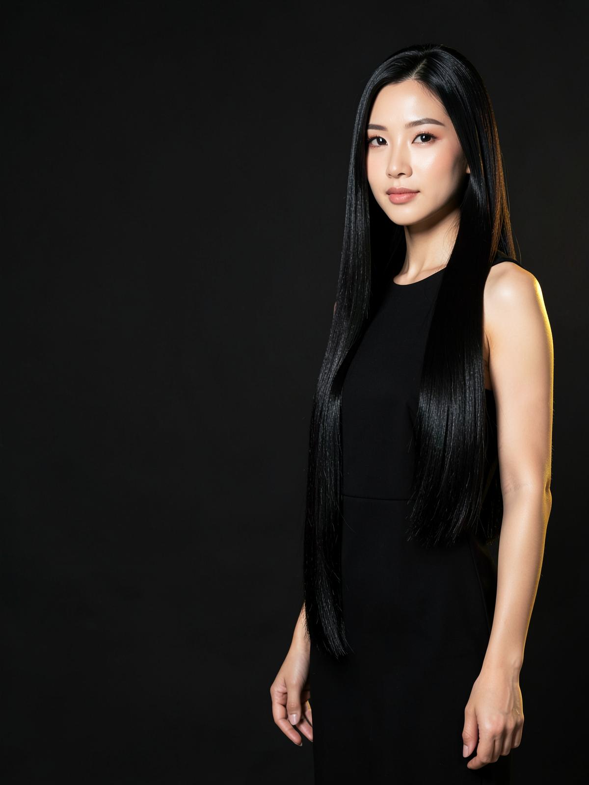 Modelo asiática usando cabelo preto muito longo e liso da LUMÉ HAIR