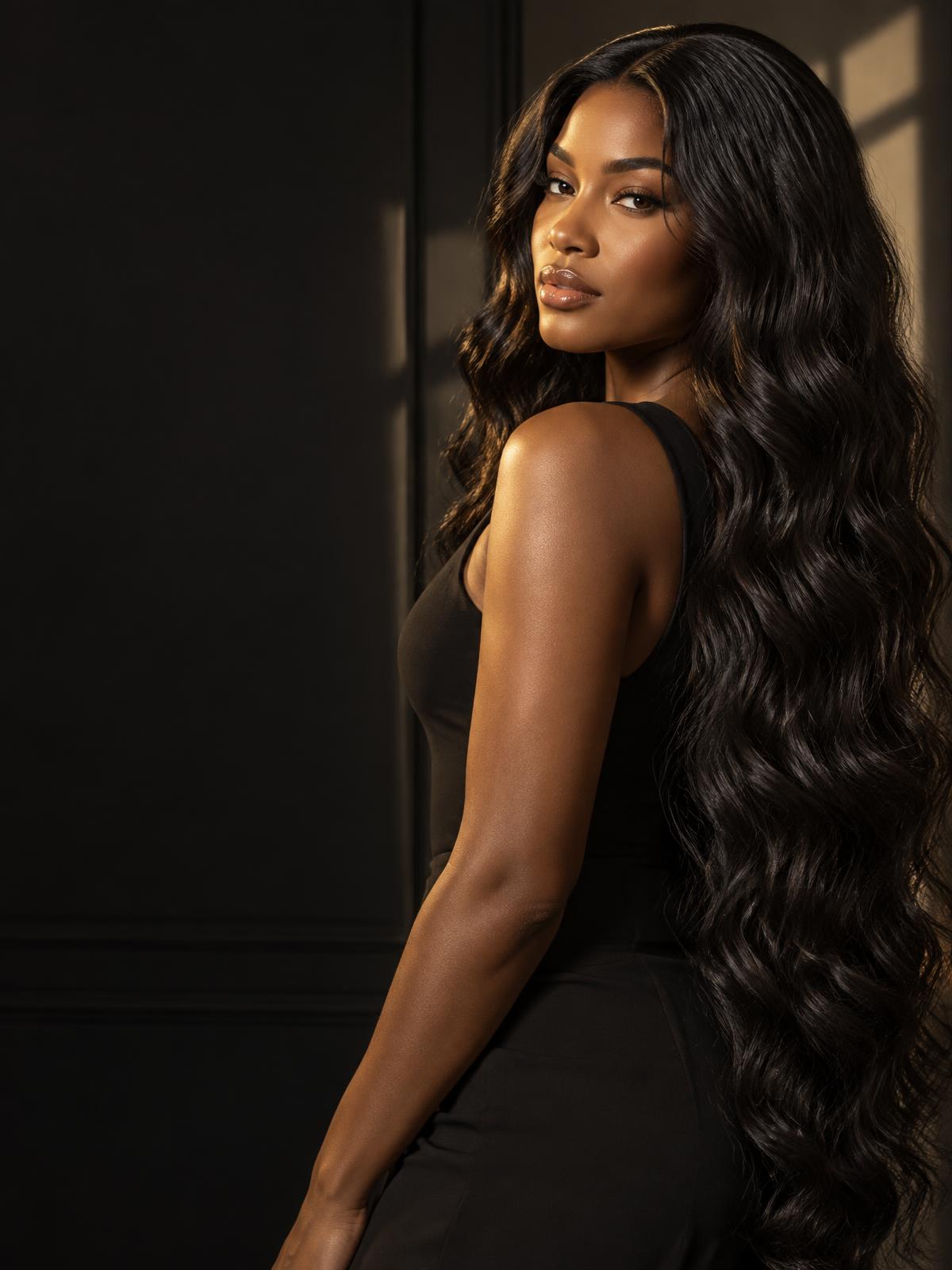 Modelo usando cabelo preto longo e ondulado da LUMÉ HAIR